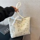 Chic Summer Woven Tote Bag - Korean Style, Beige Fabric with Floral Lace Detailing, Casual Small Crossbody Bucket Bag with White Strap and Polyester Lining, Casual Accessory | Floral Lace Bag | Buckle Closure