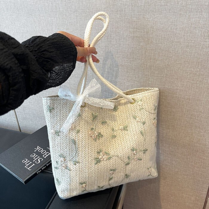 Chic Summer Woven Tote Bag - Korean Style, Beige Fabric with Floral Lace Detailing, Casual Small Crossbody Bucket Bag with White Strap and Polyester Lining, Casual Accessory | Floral Lace Bag | Buckle Closure - Image 4