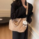Stylish Women’s Corduroy Handbag with Detachable Strap & Zipper Closure – Spacious Multifunctional Shoulder Bag in Khaki, Cream, Green, or Black – Korean-Inspired Design with Cloud Charm