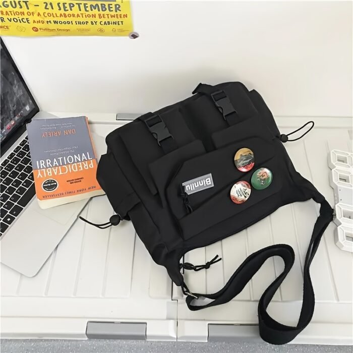 Large Capacity Nylon Messenger Bag for Students - Casual Japanese-Inspired Crossbody with Adjustable Strap, Contrasting Colors, and Badge Set - Ideal for School and Shopping, School Shoulder Bag|Contrasting Colors Bag|Adjustable Strap Bag - Image 11