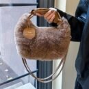 Women's Plush Faux Fur Crossbody Bag with Adjustable Strap & Zipper Closure - Sparkling Accents, Anti-Theft Design, Multiple Colors (Khaki/Light Gray/Beige/Pink) for Commuting & Casual Outings, Crossbody Purse, Winter Fashion Accessory, Soft Texture Purse