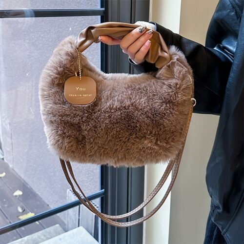 Women's Plush Faux Fur Crossbody Bag with Adjustable Strap & Zipper Closure - Sparkling Accents, Anti-Theft Design, Multiple Colors (Khaki/Light Gray/Beige/Pink) for Commuting & Casual Outings, Crossbody Purse, Winter Fashion Accessory, Soft Texture Purse