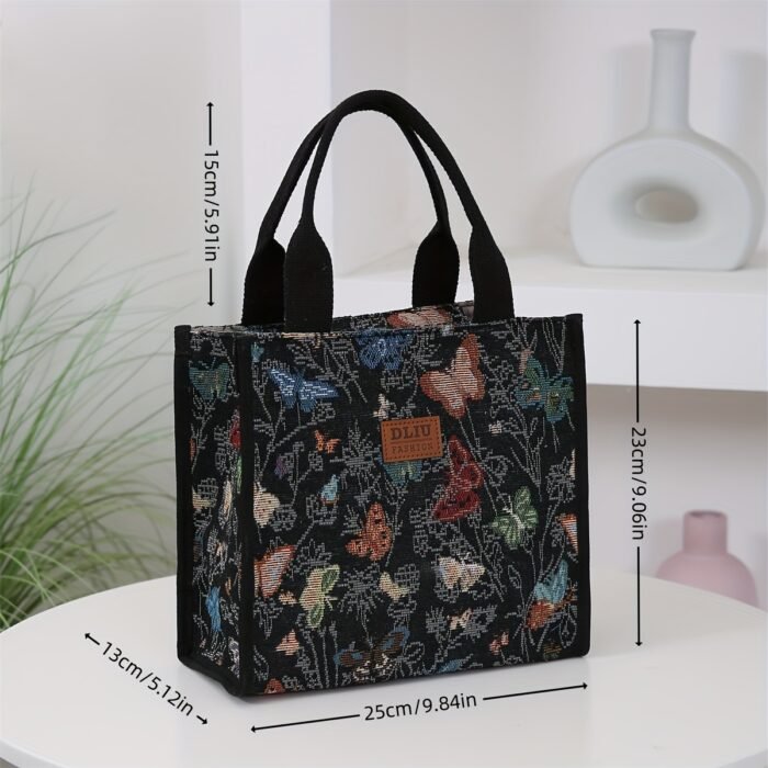 [Retro Handbag] Retro Women's Butterfly & Floral Fabric Handbag | Zipper Closure Small Square Tote with Fixed Shoulder Straps, Portable Work Bag for Everyday Use & Sundries Storage - Image 6