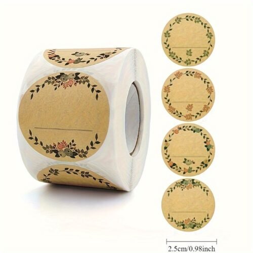 1 Roll of 500 Sheets Kraft Paper Stickers, Round Wreath Pattern Labels for Canning, Food Storage, Christmas and Valentine's Day Gift Bags Sealing, Faux Leather, Festive