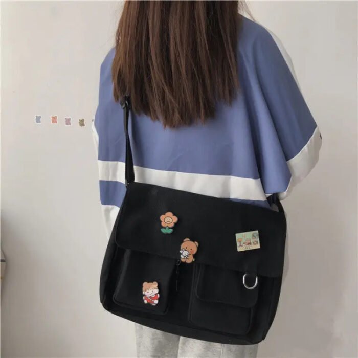 Women's Anime-Themed Messenger Bag with Free Blush Bear & Acrylic Accessories - Adjustable Strap, A4 Capacity, White/Black Casual Crossbody Shoulder Bag for, Work, Travel, Kawaii Bag, Work Accessory, Anime Accessory, Polyester Lined - Image 6