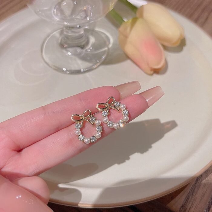 Korean Pearl-fect Bow & Pearl Earrings - Image 5