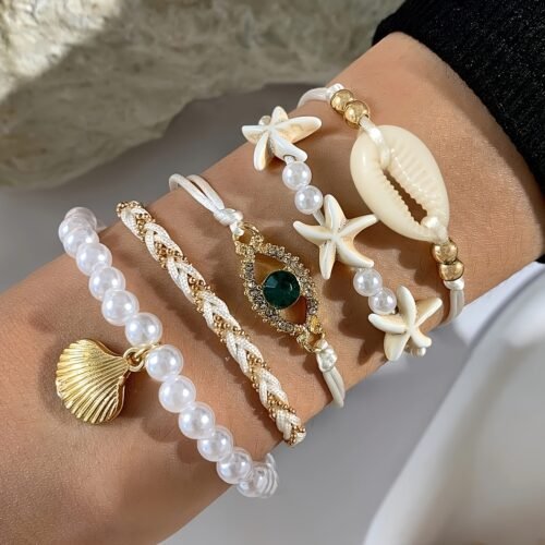 5pcs Boho Chic Beach-Themed Beaded Bracelets with Turquoise & Pink Shell Charm, Starfish Accents, and Faux Pearl Eye Pendant - Perfect for Vacation, Parties, and Casual Attire, Beach Accessories