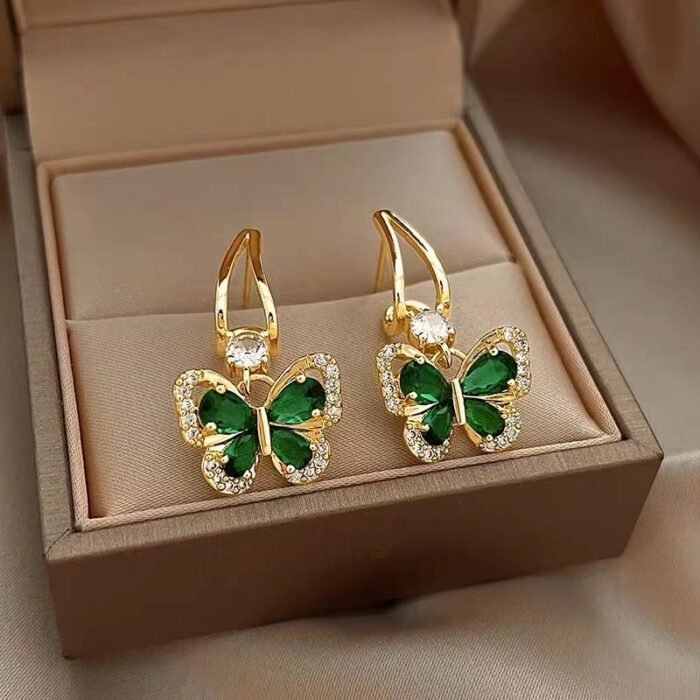 French Vintage Green Butterfly Earrings with Sparkling Glass Artificial Crystals - Golden-Tone Unplated Metal Jewelry for Women, Saint Patrick’s Day Accessories & Elegant Gift, French Pendant Earrings, Festive Accessories, Luxurious Fashion Accessory, Intricate Craftsmanship - Image 2