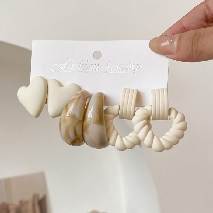 1 Set (3 Pairs) Fashionable Casual Heart & Cable Knit Style Stud & Dangle Earrings Women's Earring Set - Image 3