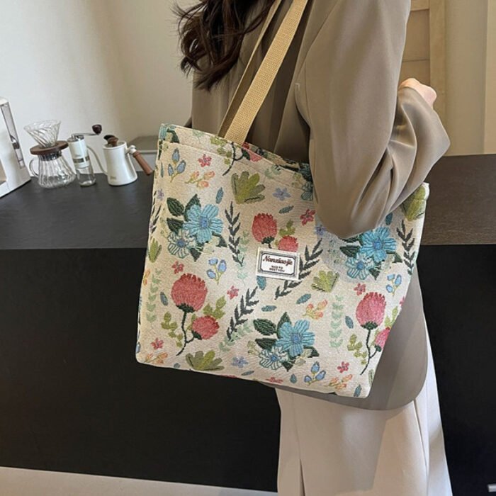[Stylish Tote Bag] Stylish Large Capacity Women's Floral Print Tote Bag | Synthetic Fabric with Zipper Closure, Spacious Casual Shoulder Bag for Work, Commute & Shopping, Sturdy Handle Design - Image 7