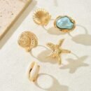 Five-Piece Bohemian Style Creative Fashion Metal Starfish Shell Baroque Faux Ring Set for Women's Summer Vacation Beach Party Casual Holiday Matching Jewelry Gift