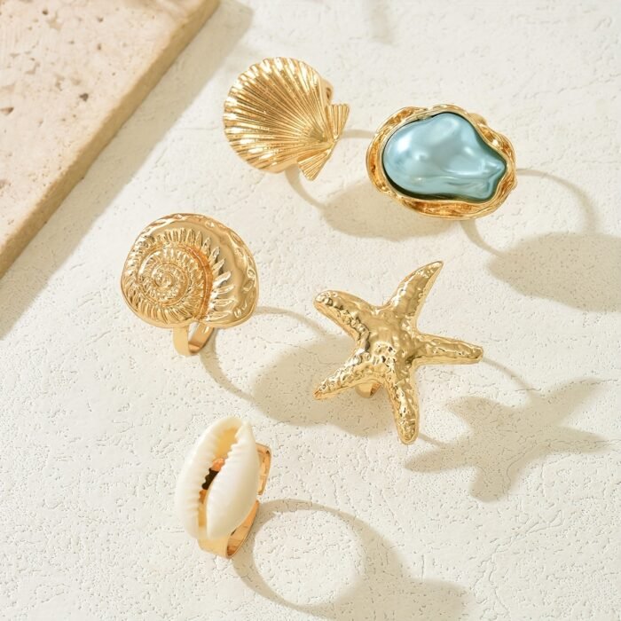 Five-Piece Bohemian Style Creative Fashion Metal Starfish Shell Baroque Faux Ring Set for Women's Summer Vacation Beach Party Casual Holiday Matching Jewelry Gift - Image 3