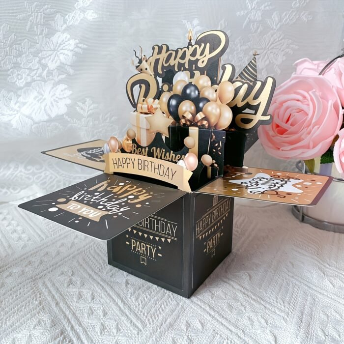 Festive 3D Pop-up Birthday Card Set - Black and Golden, 2 Cards, 1 Envelope, Perfect for Him or Her - Image 3