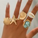 Five-Piece Bohemian Style Creative Fashion Metal Starfish Shell Baroque Faux Ring Set for Women's Summer Vacation Beach Party Casual Holiday Matching Jewelry Gift