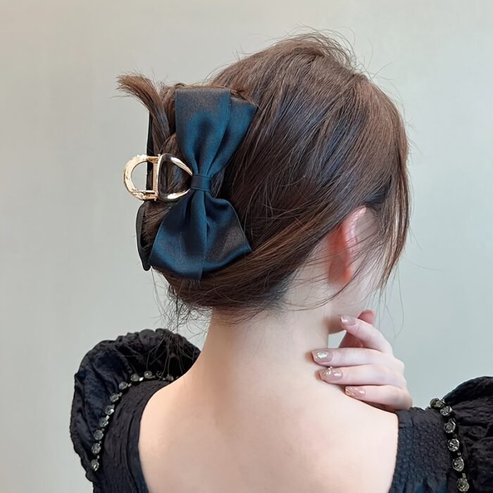 Single Elegant Satin Bow & Geometric Fabric Claw Clip - Secure Shark Grip Hair Clip for Updos, Weddings, Parties - Black & White Hair Accessories for Women, Party Hair Decoration, Satin Finish - Image 6