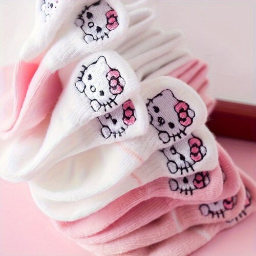 5 Pairs SANRIO Hello Kitty Women's Ankle Socks - 100% Polyester Knit, Soft & Invisible, Cute Cartoon Design with Pink Bows, Pastel Colors for Everyday Casual Wear, Hello Kitty Socks, Playful Fashion, Kawaii Style, Breathable Fabric, Anime Fans