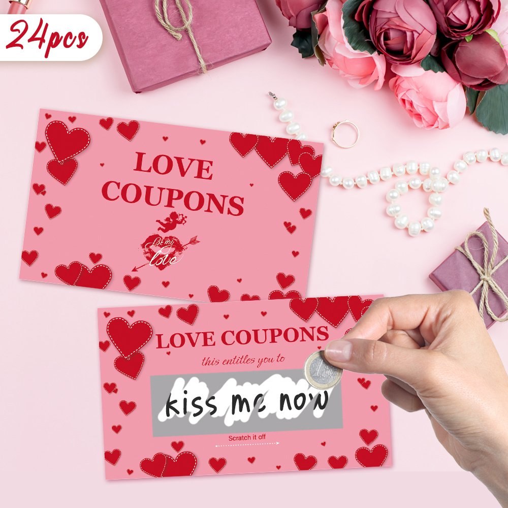 24pcs TLENPO Pink Love Coupons Scratch Cards, DIY Surprise Raffle Cards for Wedding, Engagement, Valentine'S Day, Christmas, Birthday Gifts, Party Game Prizes