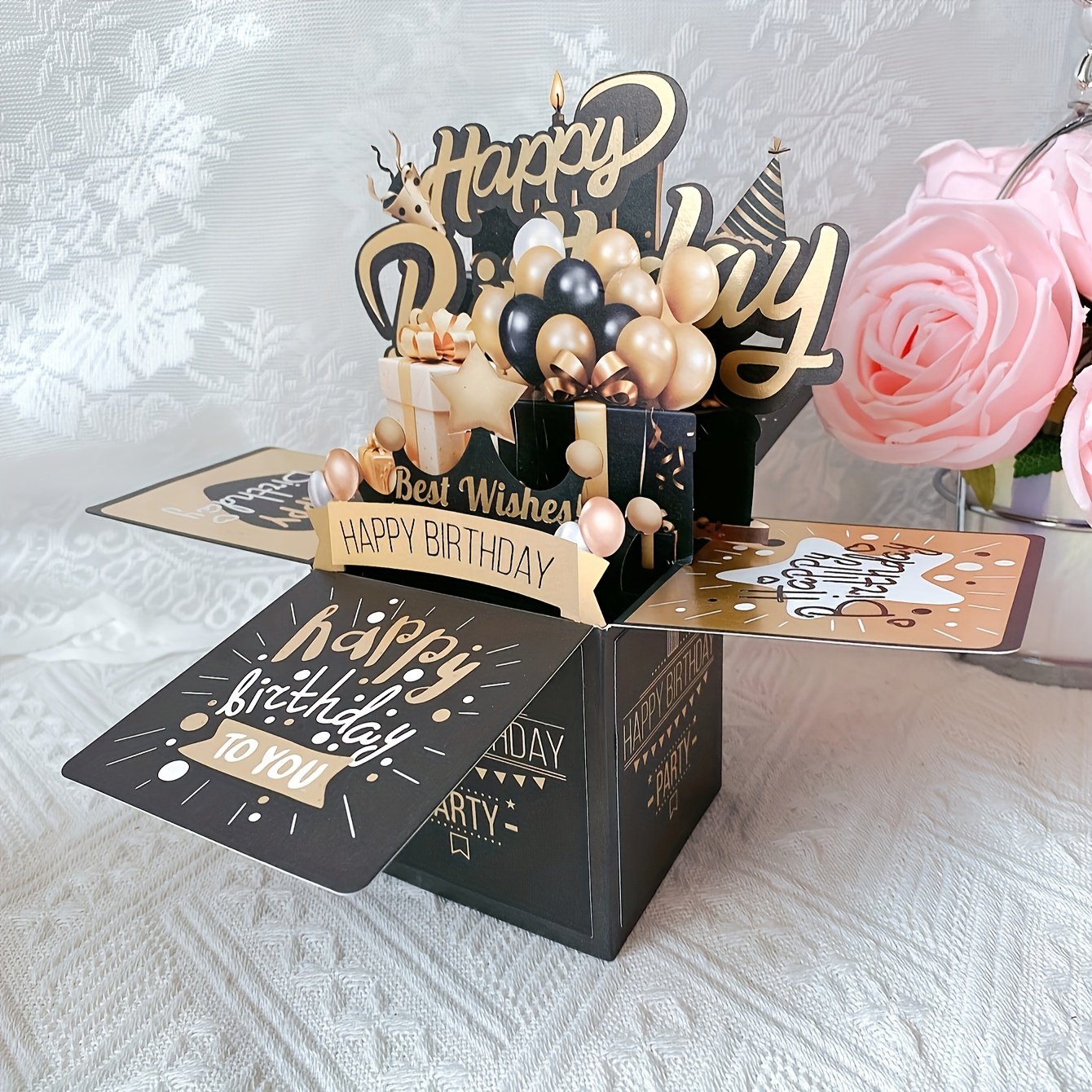 Festive 3D Pop-up Birthday Card Set - Black and Golden, 2 Cards, 1 Envelope, Perfect for Him or Her