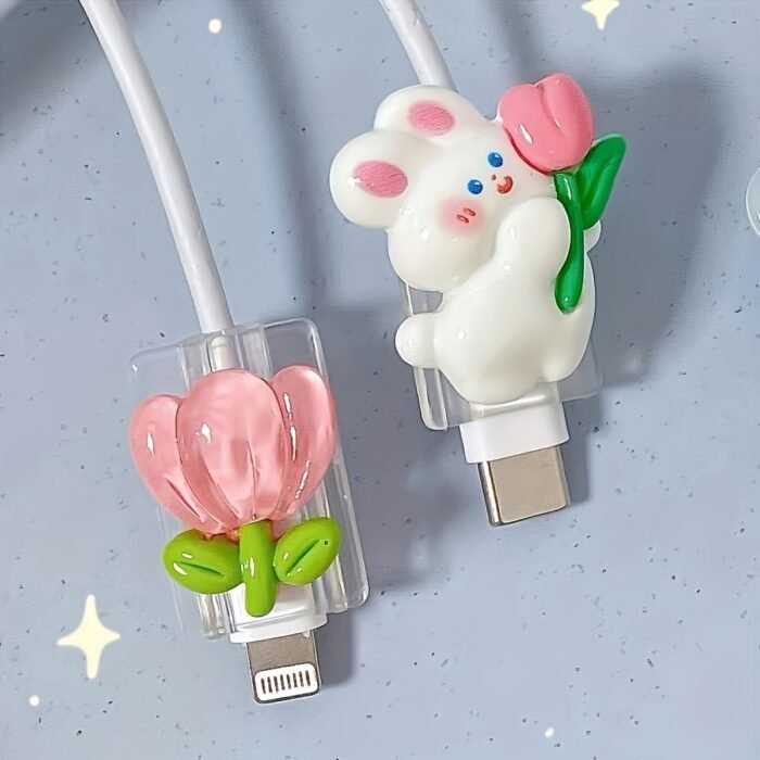 2 Pack 1 Pair Cute Cartoon Rabbit And Flower Pattern Cable Protectors, TPU Anti-Break And Anti-Bite Charging Cable Protector - Image 4