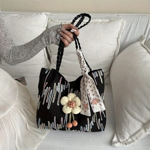 Nylon Fabric Beach Tote Bags, Preppy Casual Cute Foldable Lightweight Long Wearing Black, with Double Handles, Polyester Nylon Lining, Wet Wipe Dry Cloth Clean, Uncharged Snap Closure, for Women, College Vacation Daily Commute