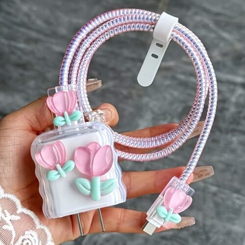 2 Pack 1 Pair Cute Cartoon Rabbit And Flower Pattern Cable Protectors, TPU Anti-Break And Anti-Bite Charging Cable Protector