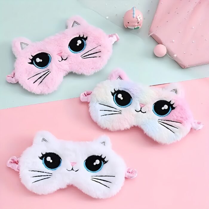 1pc Embroidered Cute Cat Eye Mask Cartoon Big Eyes 3D Cat Pattern Animal Plush Sleep Mask Soft and Comfortable, Suitable for Napping Travel Rest Sleeping Eye Cover, Essential for Travel - Image 2