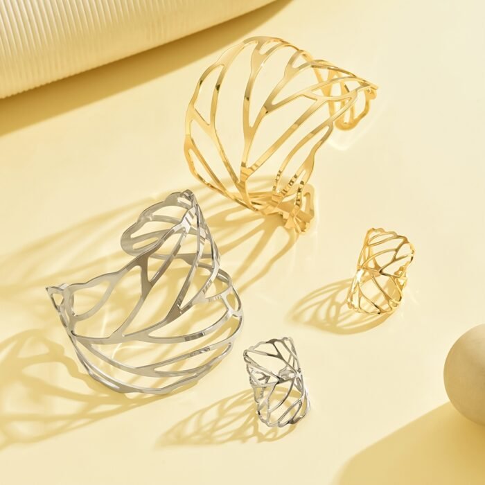 2pcs Stylish and Elegant Retro Hollow Leaf Design Open Bangle Ring Set - Image 9