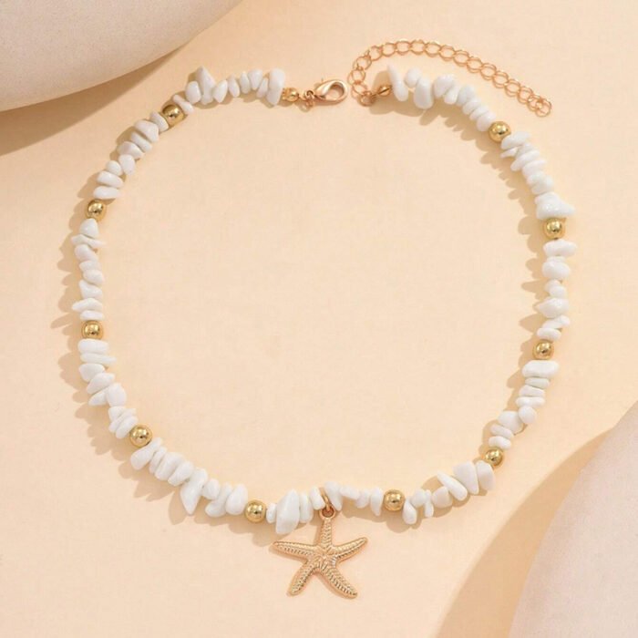 1pc Women'S Bohemian Starfish Pendant Necklace - Golden-Toned Synthetic Turquoise Choker with White Irregular Beads, Perfect for Summer Beach Vacations and Casual Attire - Image 5