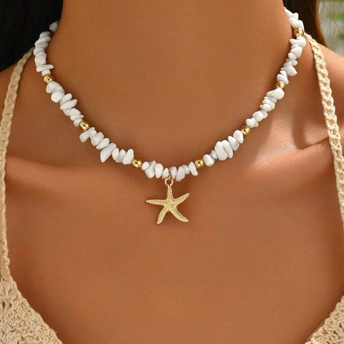1pc Women'S Bohemian Starfish Pendant Necklace - Golden-Toned Synthetic Turquoise Choker with White Irregular Beads, Perfect for Summer Beach Vacations and Casual Attire - Image 6