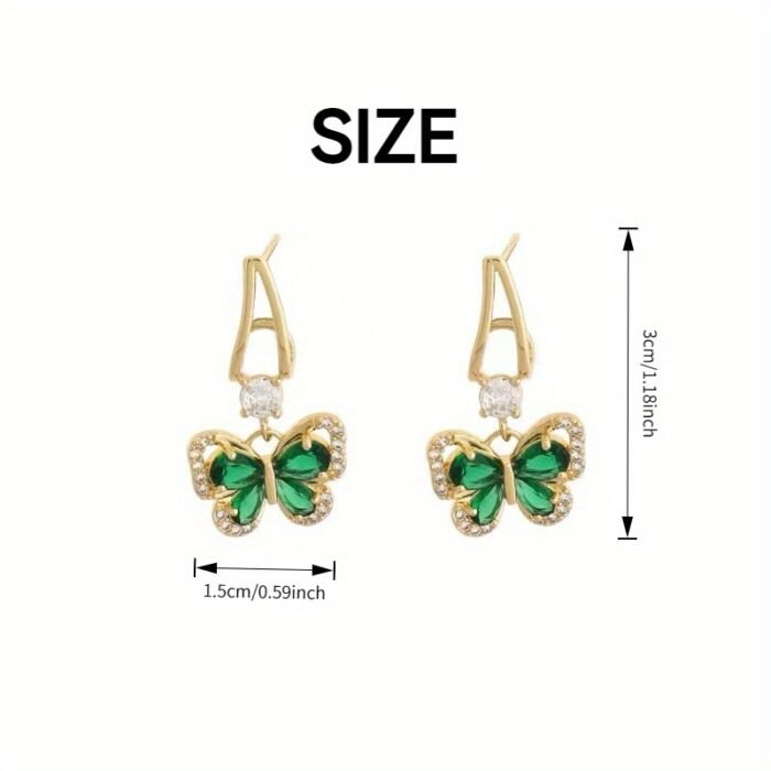 French Vintage Green Butterfly Earrings with Sparkling Glass Artificial Crystals - Golden-Tone Unplated Metal Jewelry for Women, Saint Patrick’s Day Accessories & Elegant Gift, French Pendant Earrings, Festive Accessories, Luxurious Fashion Accessory, Intricate Craftsmanship - Image 5