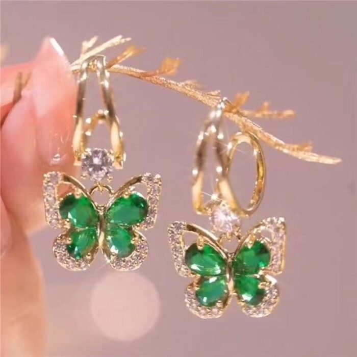 French Vintage Green Butterfly Earrings with Sparkling Glass Artificial Crystals - Golden-Tone Unplated Metal Jewelry for Women, Saint Patrick’s Day Accessories & Elegant Gift, French Pendant Earrings, Festive Accessories, Luxurious Fashion Accessory, Intricate Craftsmanship - Image 4