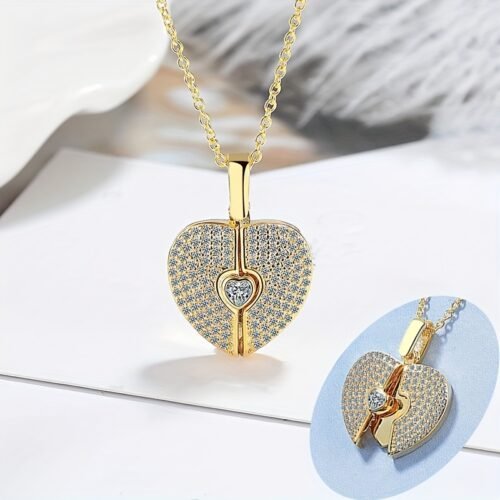 Elegant Openable Heart Necklace for Women - Sparkling -Accented White Golden Plated Jewelry with Adjustable Chain, Versatile for Daily Wear & Vacations, Year-Round Luxury Accessory, Vacation Accessories, Sophisticated Design, Fine Craftsmanship, Fashion Lovers
