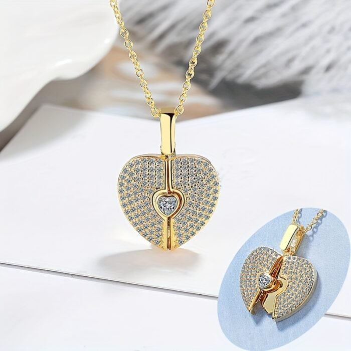 Elegant Openable Heart Necklace for Women - Sparkling -Accented White Golden Plated Jewelry with Adjustable Chain, Versatile for Daily Wear & Vacations, Year-Round Luxury Accessory, Vacation Accessories, Sophisticated Design, Fine Craftsmanship, Fashion Lovers