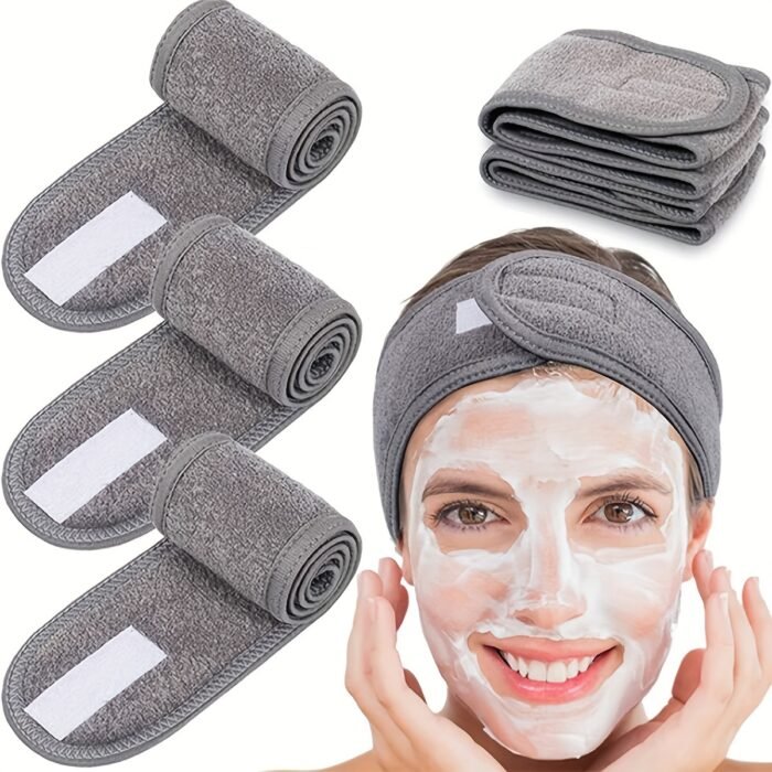 3-Pack Soft Spa Facial Headbands - Adjustable Makeup Hair Bands for Women Skin Care, Yoga, Sports - Magic Tape Sweat-Absorbent Ant Cloth Head Wraps - Unscented, No Electricity or Batteries Needed