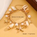 2pcs Bohemian Style shell Necklace & Bracelet Set for women-Imitation Pearl&Shell, Chunky Alloy Pendant with Starfish Design, Perfect for Beach and Holiday Wear, Bohemian Jewelry|Chunky Chain Design, Beach Accessories