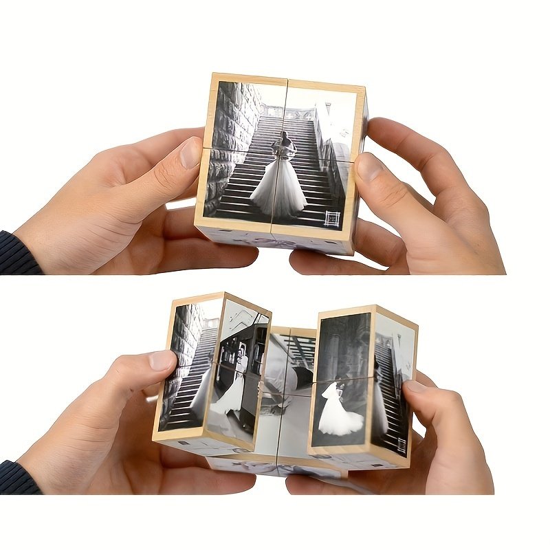 Magic Cube Photo Frame - DIY Creative Handmade Wooden Keepsake, Unique Foldable Collage Movie Theme Square Shape, Innovative Crafted Material for Parental Celebration Gift, Landscape Layout, Desktop Setup, Durable
