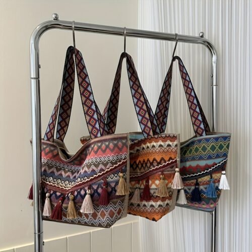 [Vibrant Ethnic Shoulder Bag Tassels] Bohemian Shoulder Bag, Ethnic With Fringe Tassels, Casual Women's Messenger Bag, Travel Beach Tote, Fashionable Daily Carry, Vibrant Patterns And Colors