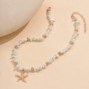 1pc Women'S Bohemian Starfish Pendant Necklace - Golden-Toned Synthetic Turquoise Choker with White Irregular Beads, Perfect for Summer Beach Vacations and Casual Attire