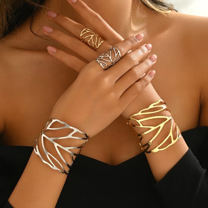 2pcs Stylish and Elegant Retro Hollow Leaf Design Open Bangle Ring Set - Image 2