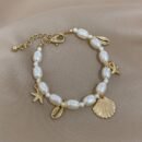 Bohemian Style Faux Pearl Beaded Bracelet, Seastar Seashell Charm Pendant Link Chain Bracelets Summer Beach Hand Jewelry For Women