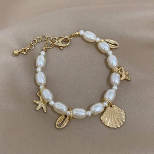 Bohemian Style Faux Pearl Beaded Bracelet, Seastar Seashell Charm Pendant Link Chain Bracelets Summer Beach Hand Jewelry For Women