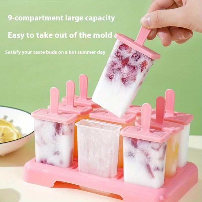 9-Cavity Reusable BPA-Free Popsicle Mold - Easy Release Non-Stick Ice Cream Maker for Homemade Frozen Treats, 9 Uniform Popsicles with Ergonomic Handles, Perfect for Family Desserts & Summer Snacks, Silicone Popsicle Mold, Kitchen Essentials, Family Dessert Maker, Polypropylene Construction - Image 3