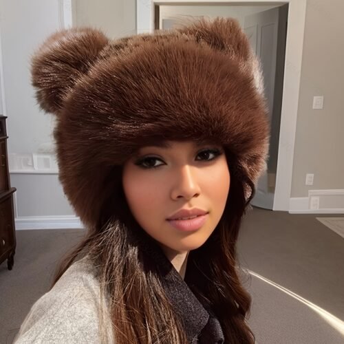 Women'S Faux Fur Hat with Plush Ears - Lightweight Warm Winter Hat, Cute Animal Theme, Adjustable Snap Closure, Soft Polyester Fabric for Christmas & Casual Outfits, Christmas Accessories | Cute Animal Design | Durable Headwear