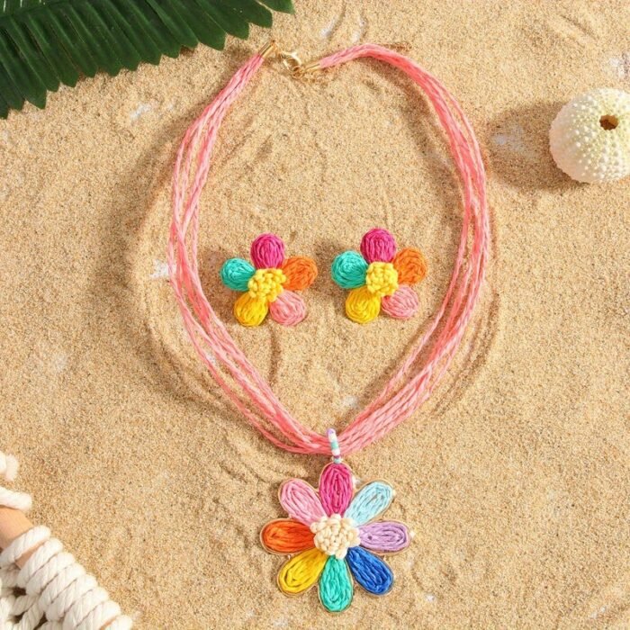 New Bohemian Vacation Style Earrings and Necklace Set Handmade Braided Colorful Flower Earrings - Image 2