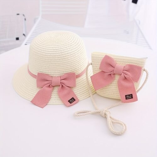 2pcs Set Japanese Style Bowknot Cute Sun Hat Summer New s Straw Hat with Coin Purse Crossbody Bag Set