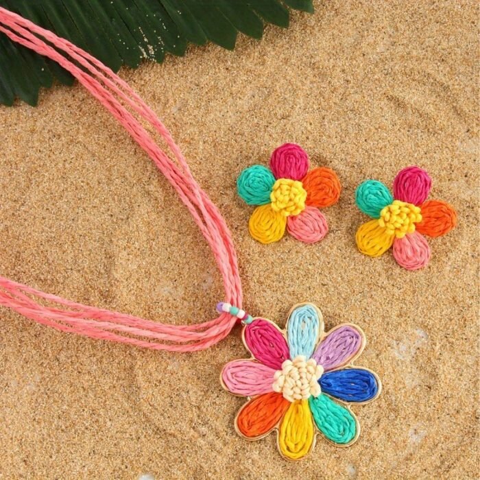 New Bohemian Vacation Style Earrings and Necklace Set Handmade Braided Colorful Flower Earrings - Image 6