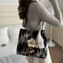 Nylon Fabric Beach Tote Bags, Preppy Casual Cute Foldable Lightweight Long Wearing Black, with Double Handles, Polyester Nylon Lining, Wet Wipe Dry Cloth Clean, Uncharged Snap Closure, for Women, College Vacation Daily Commute