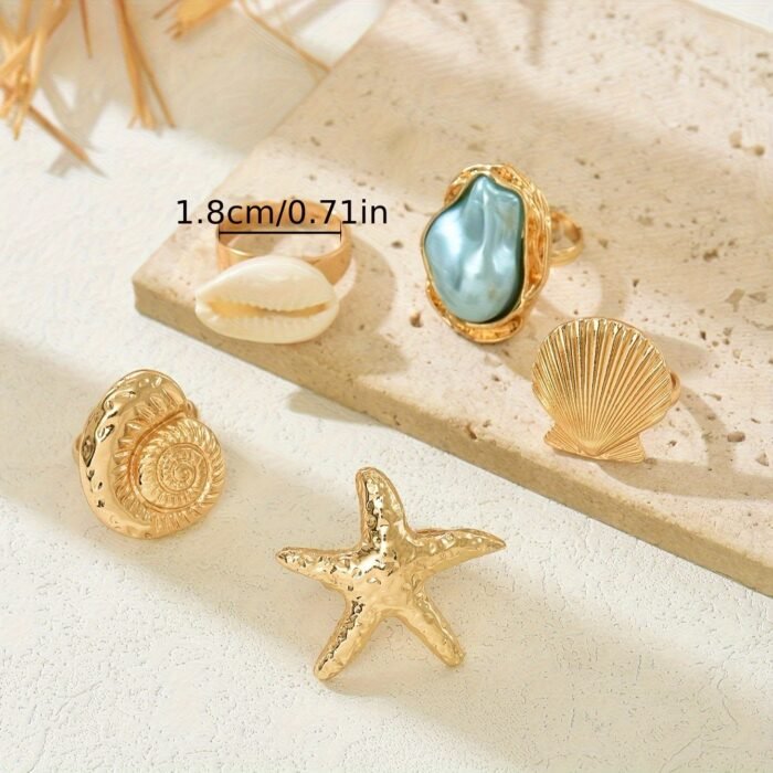 Five-Piece Bohemian Style Creative Fashion Metal Starfish Shell Baroque Faux Ring Set for Women's Summer Vacation Beach Party Casual Holiday Matching Jewelry Gift - Image 4