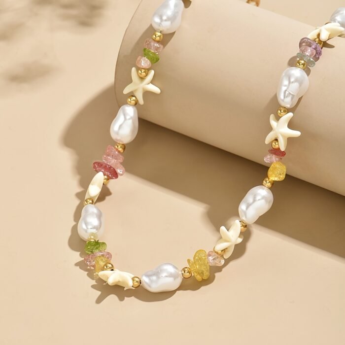 1pc Bohemian Starfish Colorful Adjustable Necklace with Imitation Pearls and Mixed Faux Gemstones - Ideal for Daily Beach Vacations and Best Friend Gifts, Vacation Accessory|Bohemian Style|Adjustable Necklac - Image 2