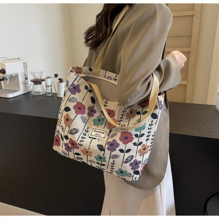 [Stylish Tote Bag] Stylish Large Capacity Women's Floral Print Tote Bag | Synthetic Fabric with Zipper Closure, Spacious Casual Shoulder Bag for Work, Commute & Shopping, Sturdy Handle Design - Image 8